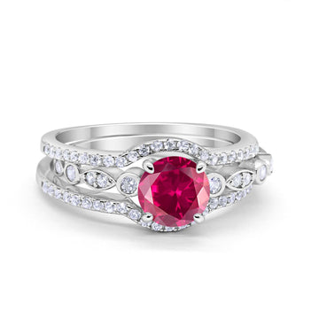 Trio Set Three Piece Wedding Ring Round Simulated Ruby CZ 925 Sterling Silver